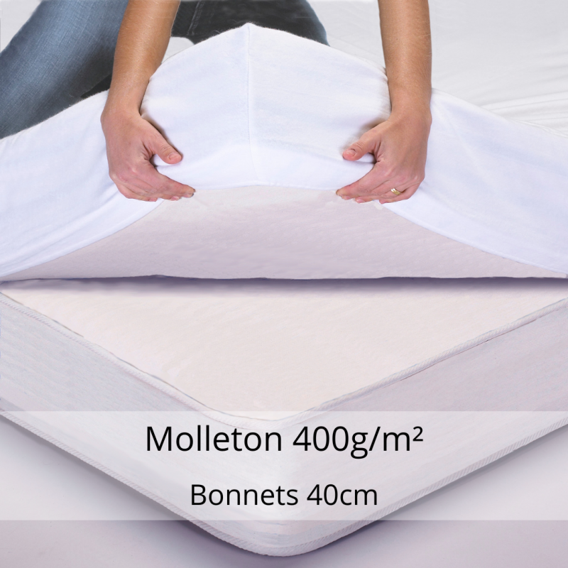 Protège matelas 180x200 cm ACHUA - Molleton 100% coton 400 g/m2, bonnet  40cm