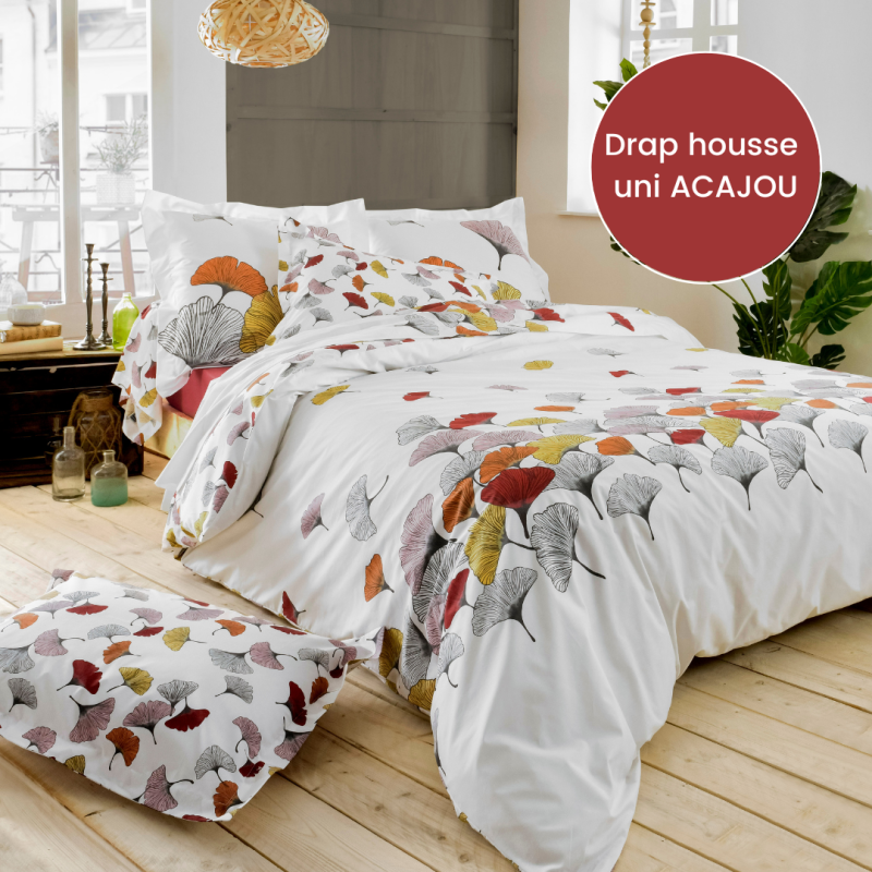 Drap housse percale Tradilinge GINKGO ROSE - Coloris ACAJOU