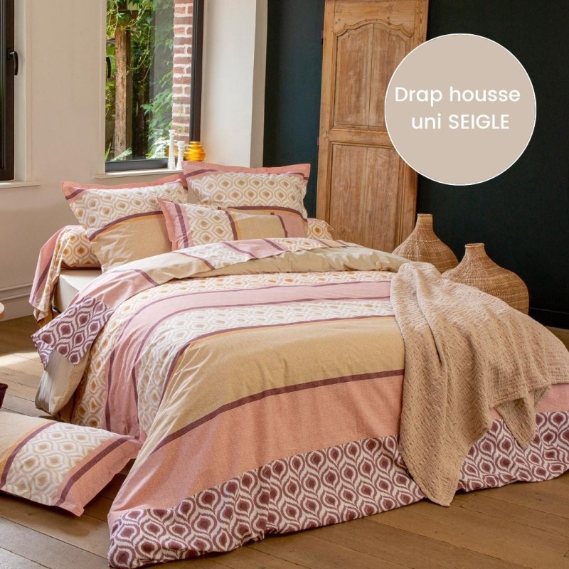 Drap housse 100% coton Tradilinge uni SEIGLE (Inouk Rose)